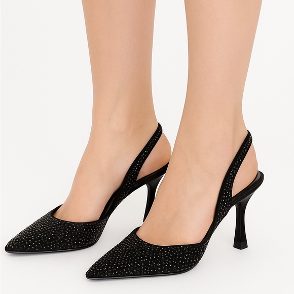 Rhinestoned Black Satin Slingback Heels - Picture 1 of 5